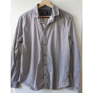 DKNY Shirt Mens Medium Black White Long Sleeve Button Up Allover Logo Pattern